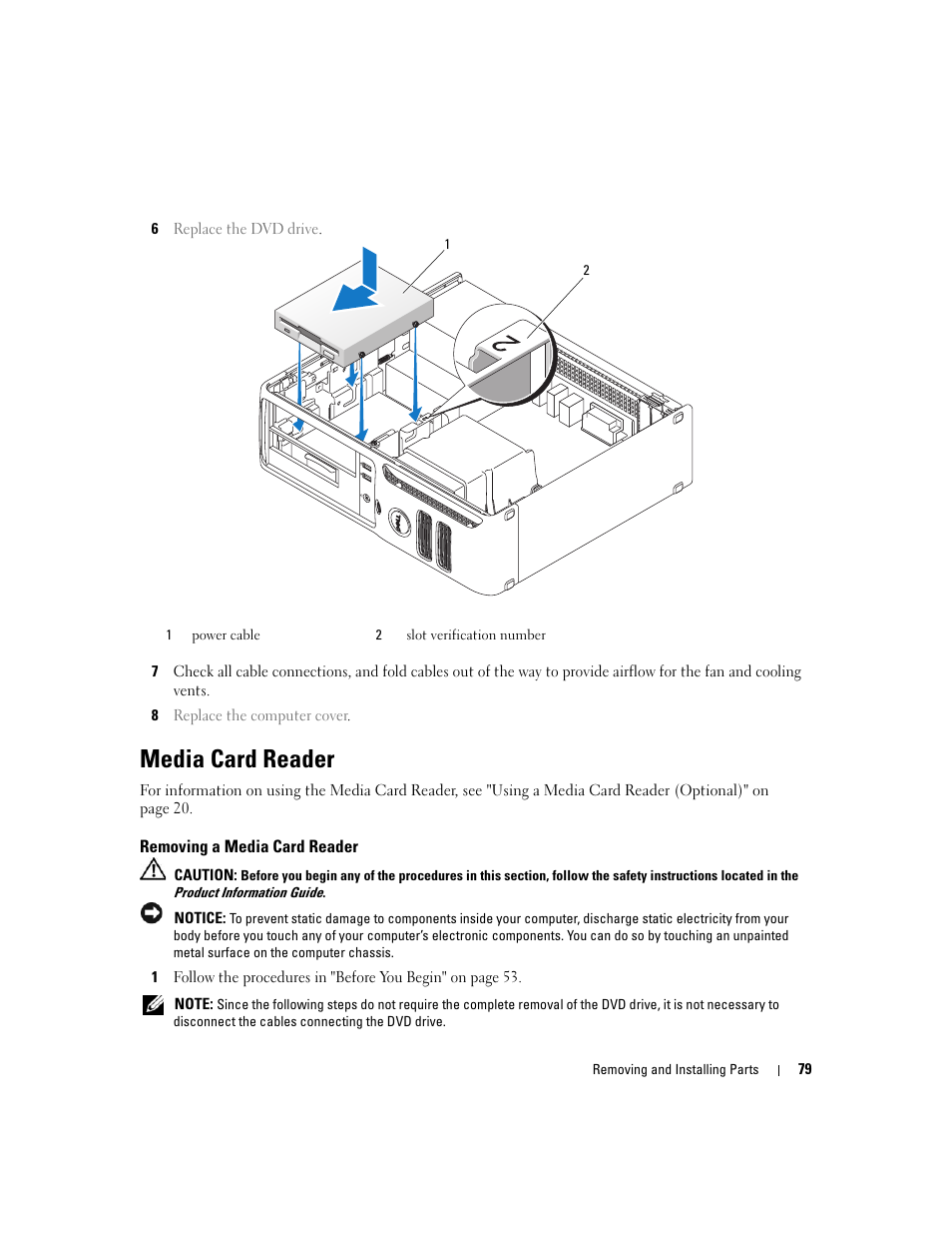 Media card reader, Removing a media card reader | Dell Dimension 3100C User Manual | Page 79 / 134