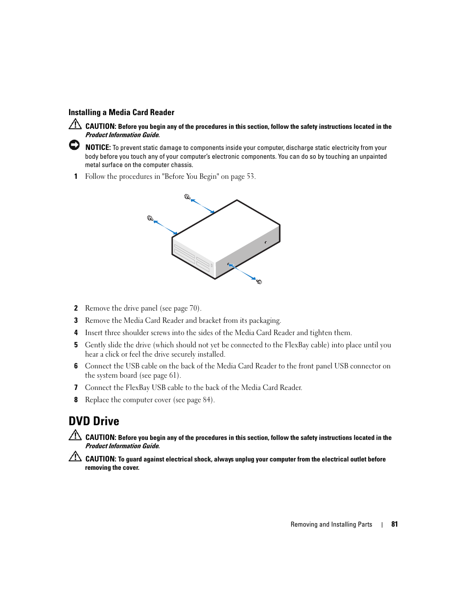 Installing a media card reader, Dvd drive | Dell Dimension 3100C User Manual | Page 81 / 134