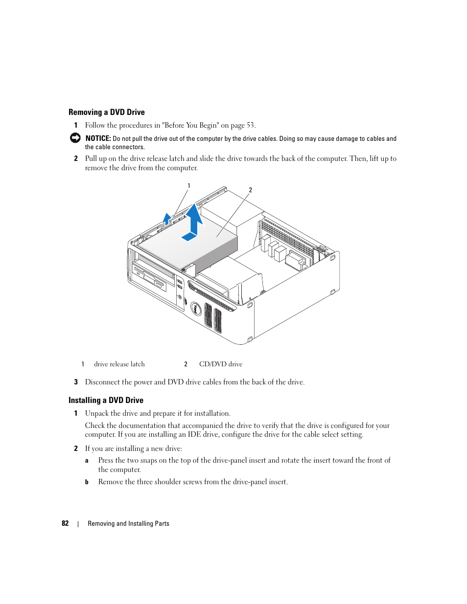 Removing a dvd drive, Installing a dvd drive | Dell Dimension 3100C User Manual | Page 82 / 134