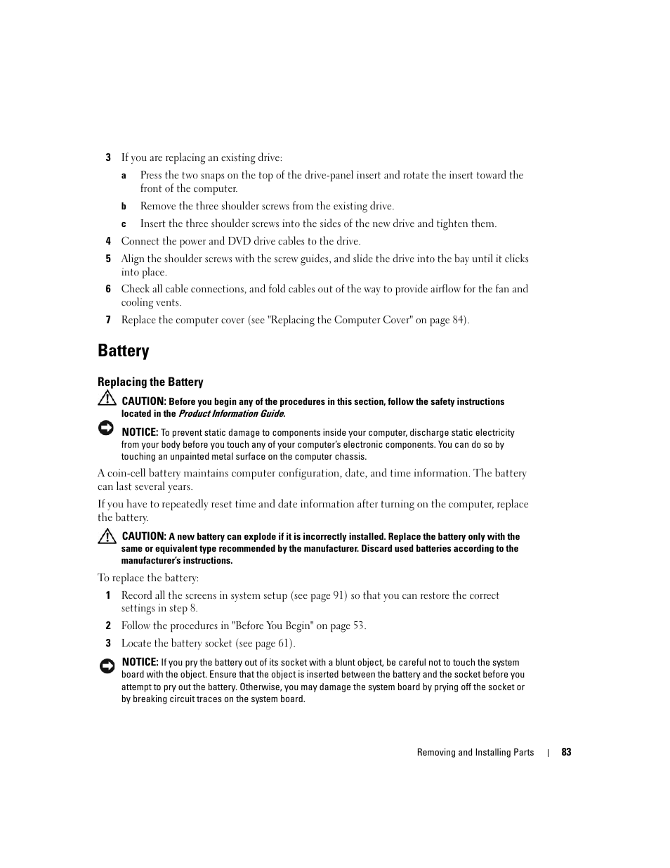 Battery, Replacing the battery | Dell Dimension 3100C User Manual | Page 83 / 134