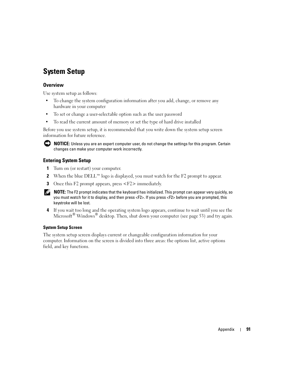 System setup, Overview, Entering system setup | Dell Dimension 3100C User Manual | Page 91 / 134