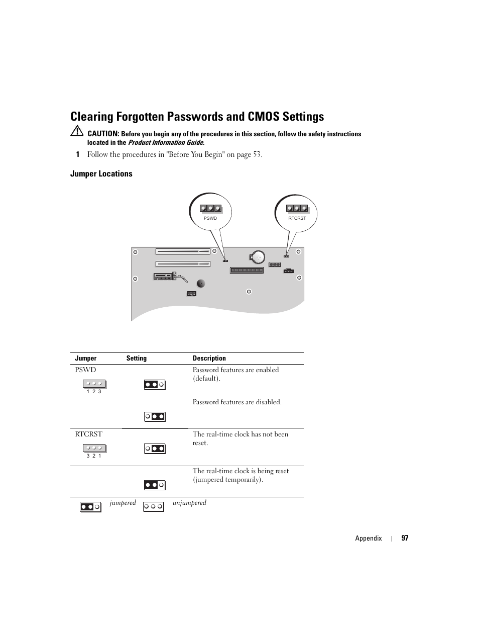 Clearing forgotten passwords and cmos settings, Jumper locations | Dell Dimension 3100C User Manual | Page 97 / 134