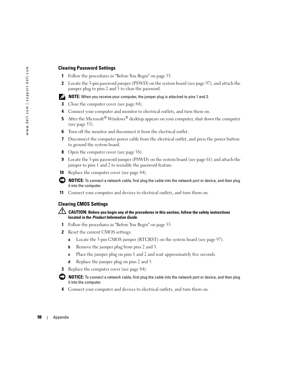 Clearing password settings, Clearing cmos settings | Dell Dimension 3100C User Manual | Page 98 / 134