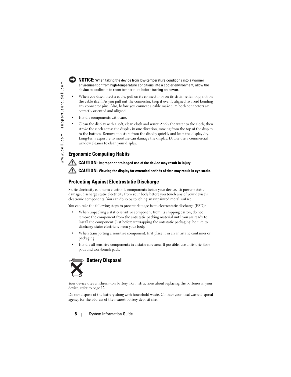 Ergonomic computing habits, Protecting against electrostatic discharge, Battery disposal | Dell AXIM X3 User Manual | Page 10 / 366