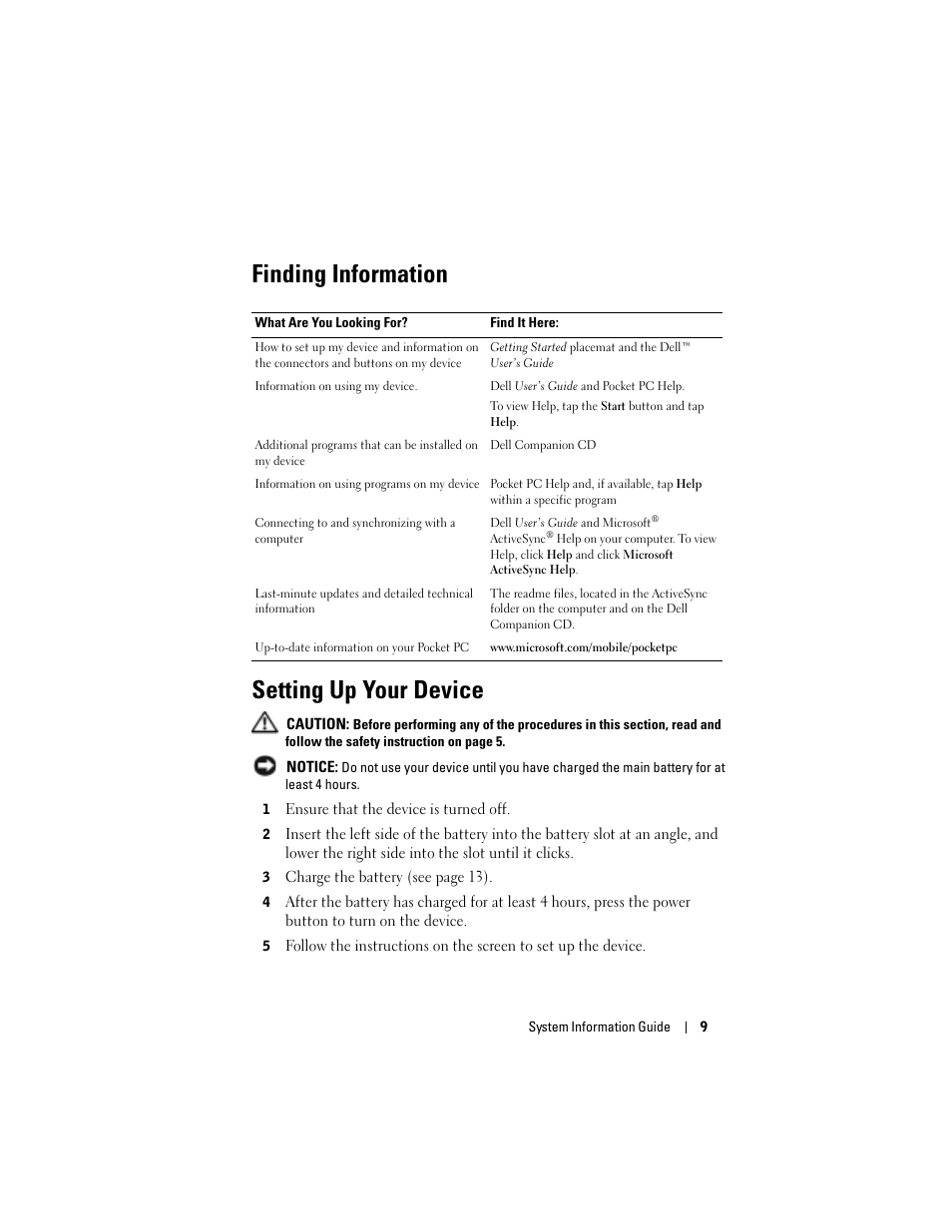 Finding information, Setting up your device, Finding information setting up your device | Dell AXIM X3 User Manual | Page 11 / 366