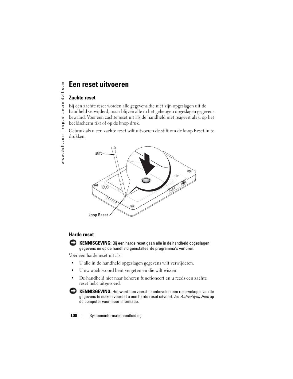 Een reset uitvoeren, Zachte reset, Harde reset | Dell AXIM X3 User Manual | Page 110 / 366