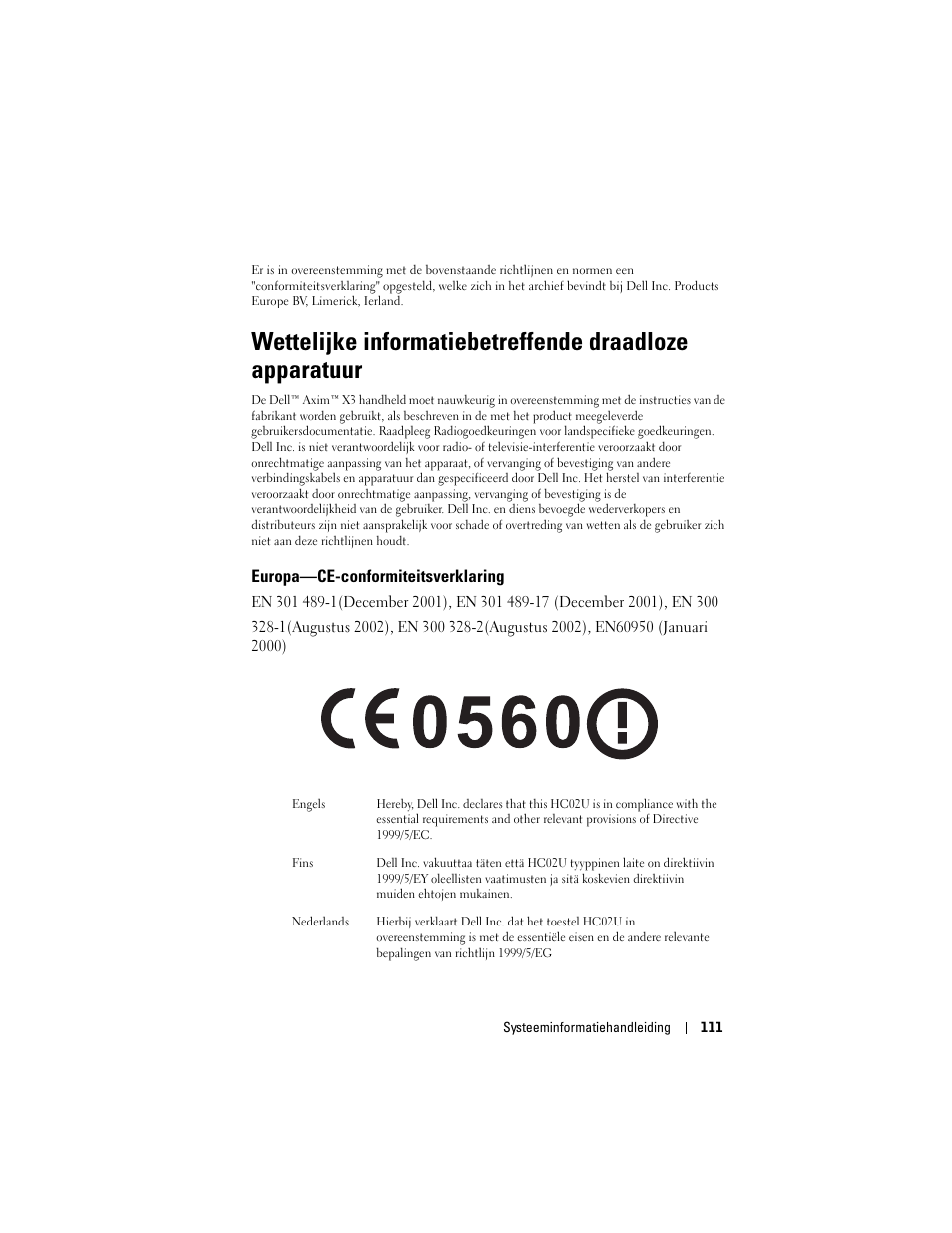 Europa—ce-conformiteitsverklaring | Dell AXIM X3 User Manual | Page 113 / 366