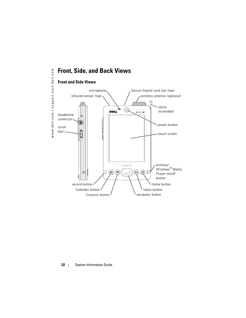 Front, side, and back views, Front and side views | Dell AXIM X3 User Manual | Page 12 / 366