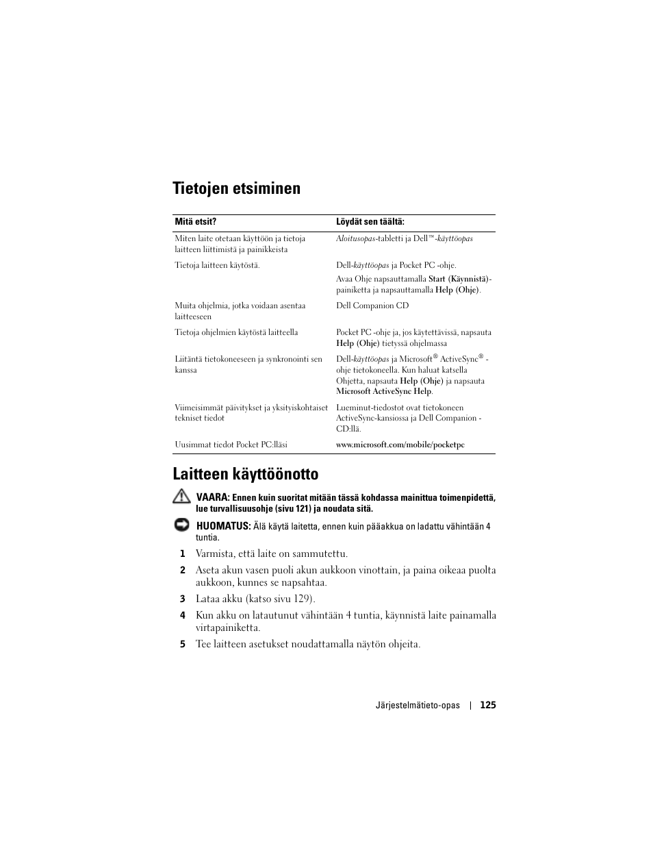 Tietojen etsiminen, Laitteen käyttöönotto, Tietojen etsiminen laitteen käyttöönotto | Dell AXIM X3 User Manual | Page 127 / 366