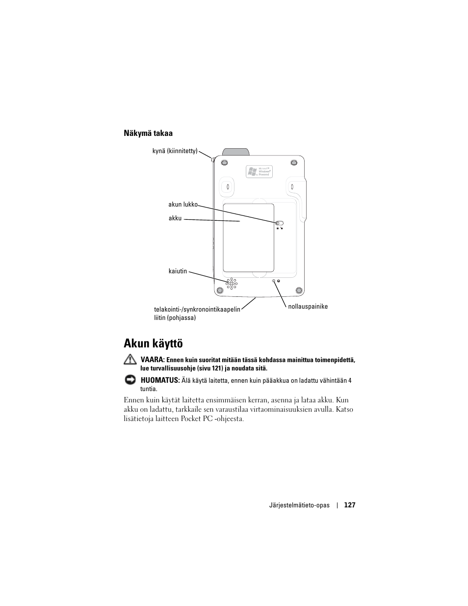Näkymä takaa, Akun käyttö | Dell AXIM X3 User Manual | Page 129 / 366