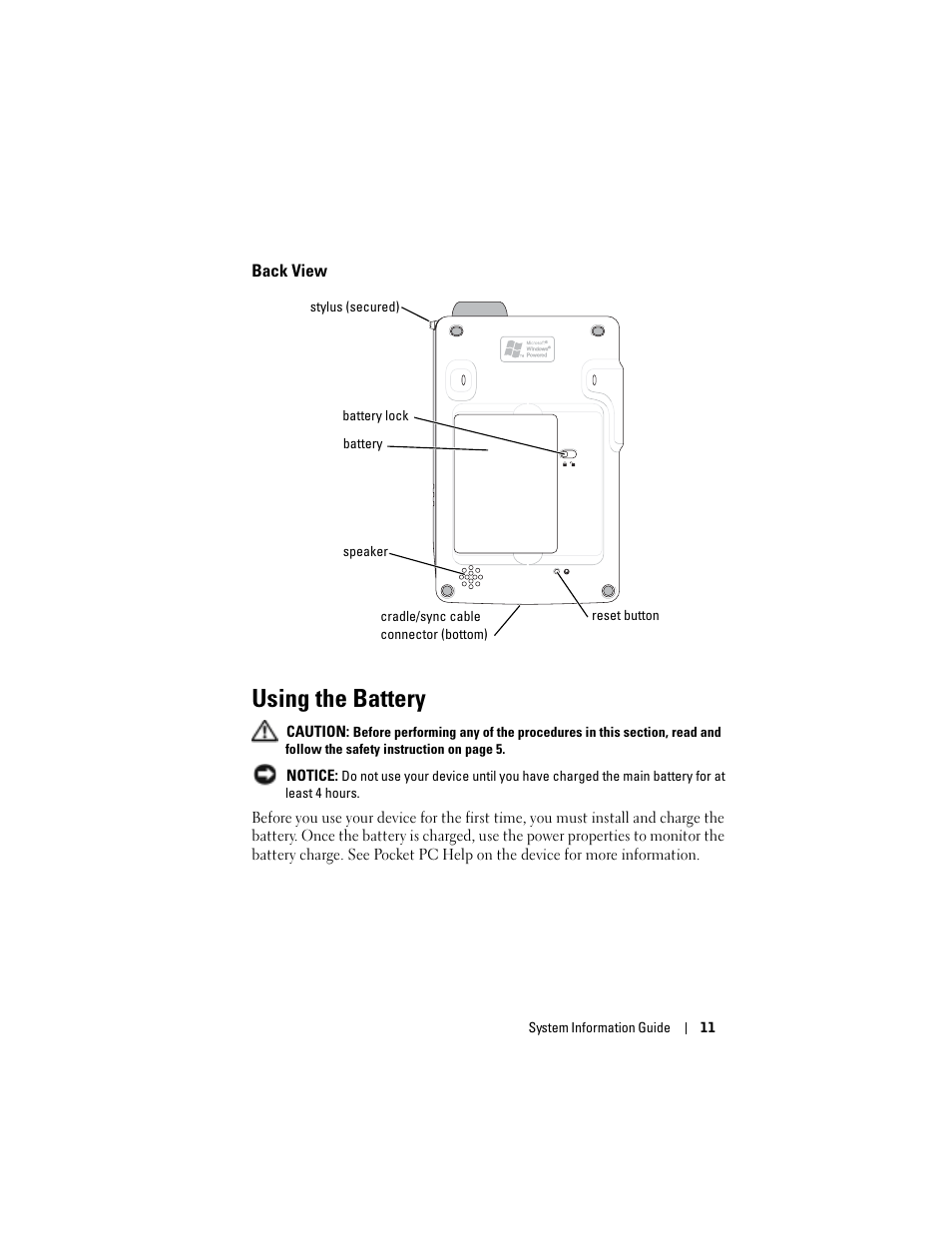 Back view, Using the battery | Dell AXIM X3 User Manual | Page 13 / 366