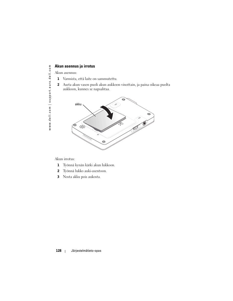 Akun asennus ja irrotus | Dell AXIM X3 User Manual | Page 130 / 366