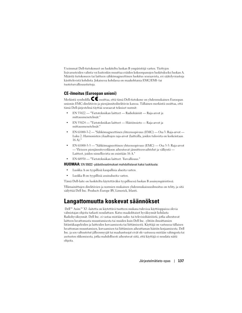 Ce-ilmoitus (euroopan unioni), Langattomuutta koskevat säännökset | Dell AXIM X3 User Manual | Page 139 / 366