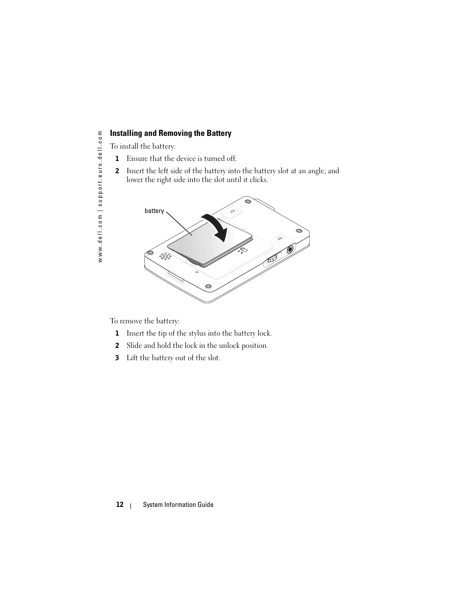 Installing and removing the battery | Dell AXIM X3 User Manual | Page 14 / 366