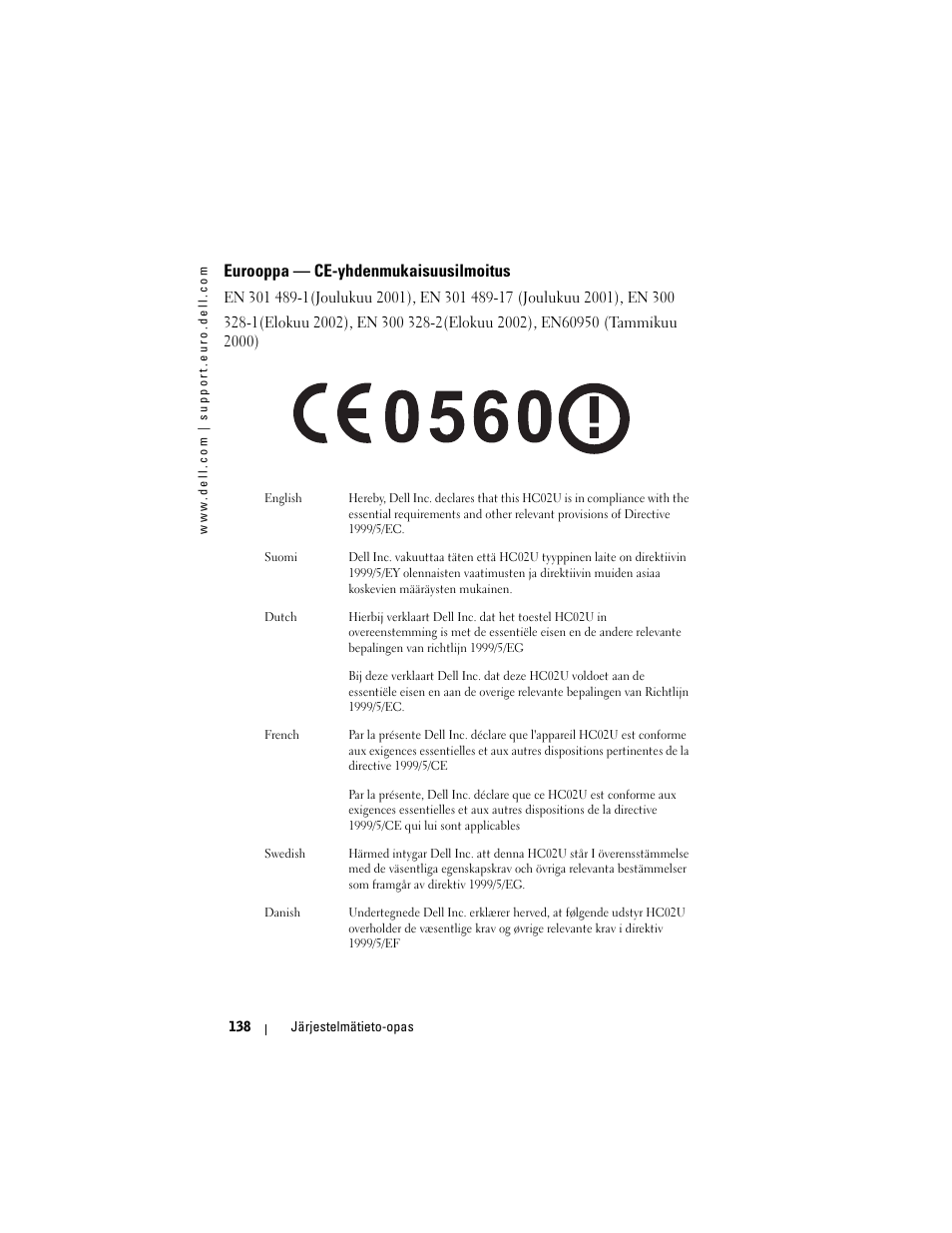 Eurooppa — ce-yhdenmukaisuusilmoitus | Dell AXIM X3 User Manual | Page 140 / 366