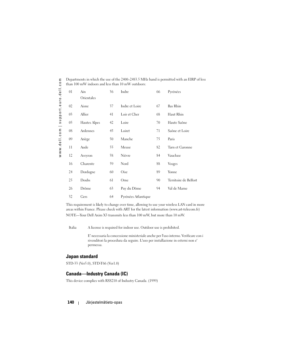 Japan standard, Canada—industry canada (ic) | Dell AXIM X3 User Manual | Page 142 / 366