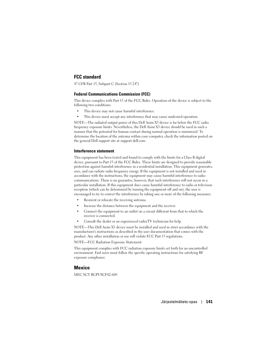 Fcc standard, Mexico | Dell AXIM X3 User Manual | Page 143 / 366