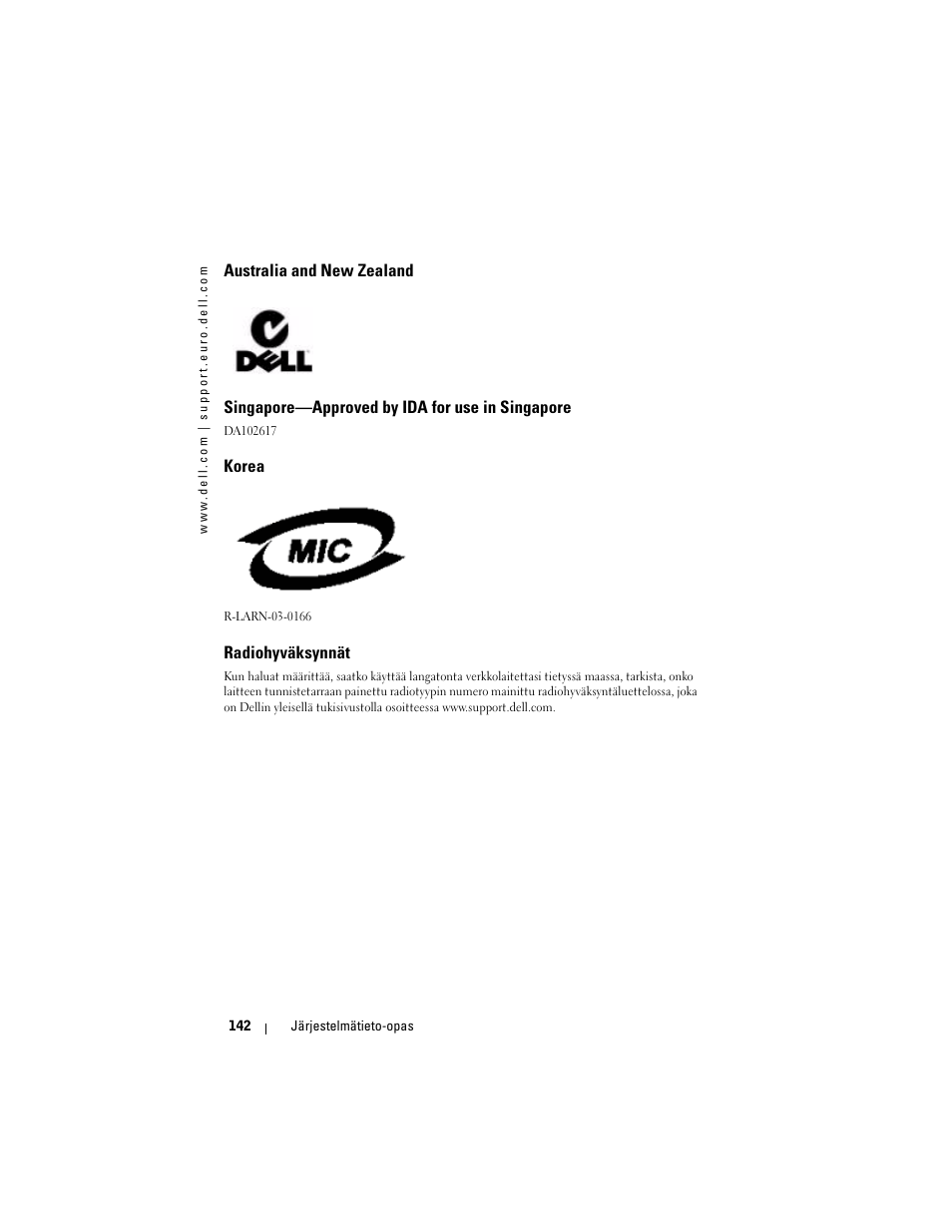 Australia and new zealand, Singapore—approved by ida for use in singapore, Korea | Radiohyväksynnät | Dell AXIM X3 User Manual | Page 144 / 366