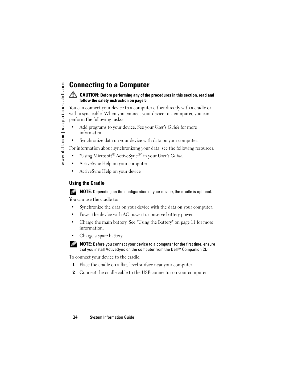 Connecting to a computer, Using the cradle | Dell AXIM X3 User Manual | Page 16 / 366