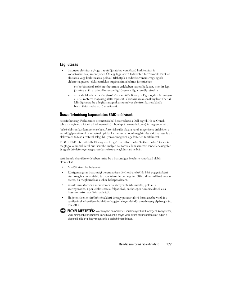 Légi utazás, Összeférhetőség kapcsolatos emc-előírások | Dell AXIM X3 User Manual | Page 179 / 366