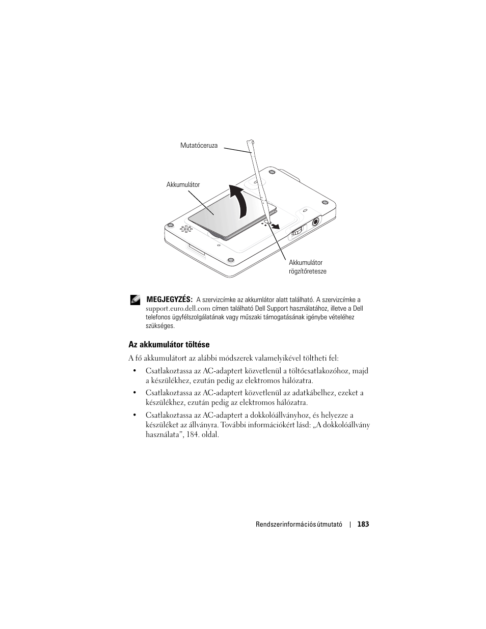 Az akkumulátor töltése | Dell AXIM X3 User Manual | Page 185 / 366