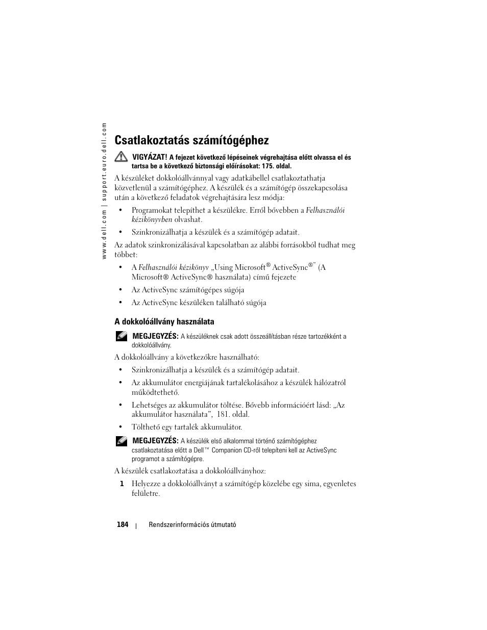 Csatlakoztatás számítógéphez, A dokkolóállvány használata | Dell AXIM X3 User Manual | Page 186 / 366