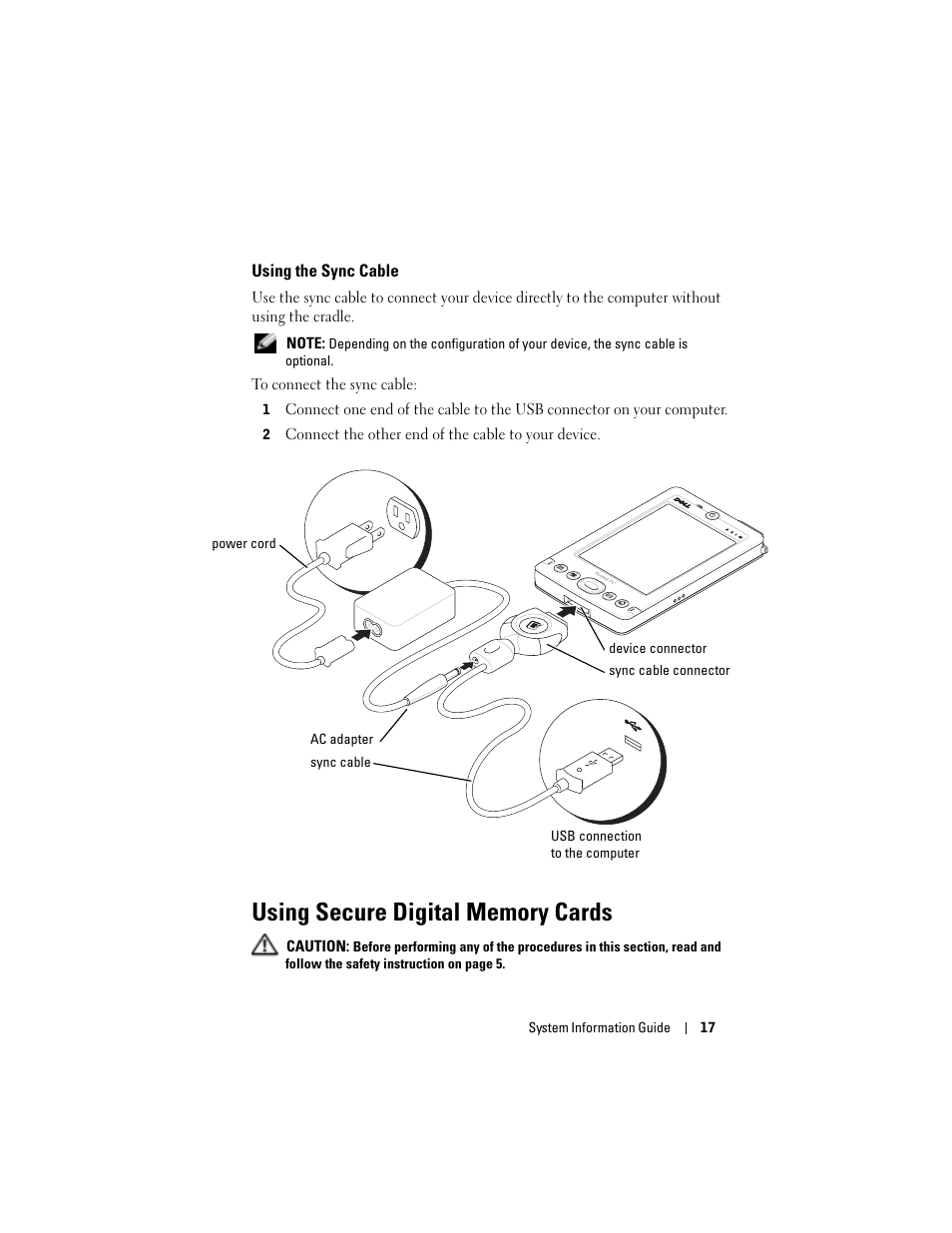 Using the sync cable, Using secure digital memory cards | Dell AXIM X3 User Manual | Page 19 / 366