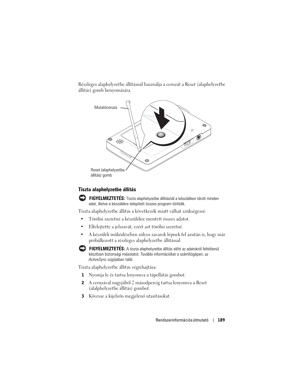 Tiszta alaphelyzetbe állítás | Dell AXIM X3 User Manual | Page 191 / 366