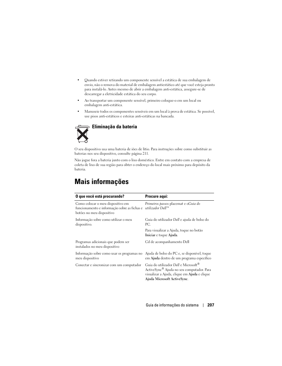 Eliminação da bateria, Mais informações | Dell AXIM X3 User Manual | Page 209 / 366