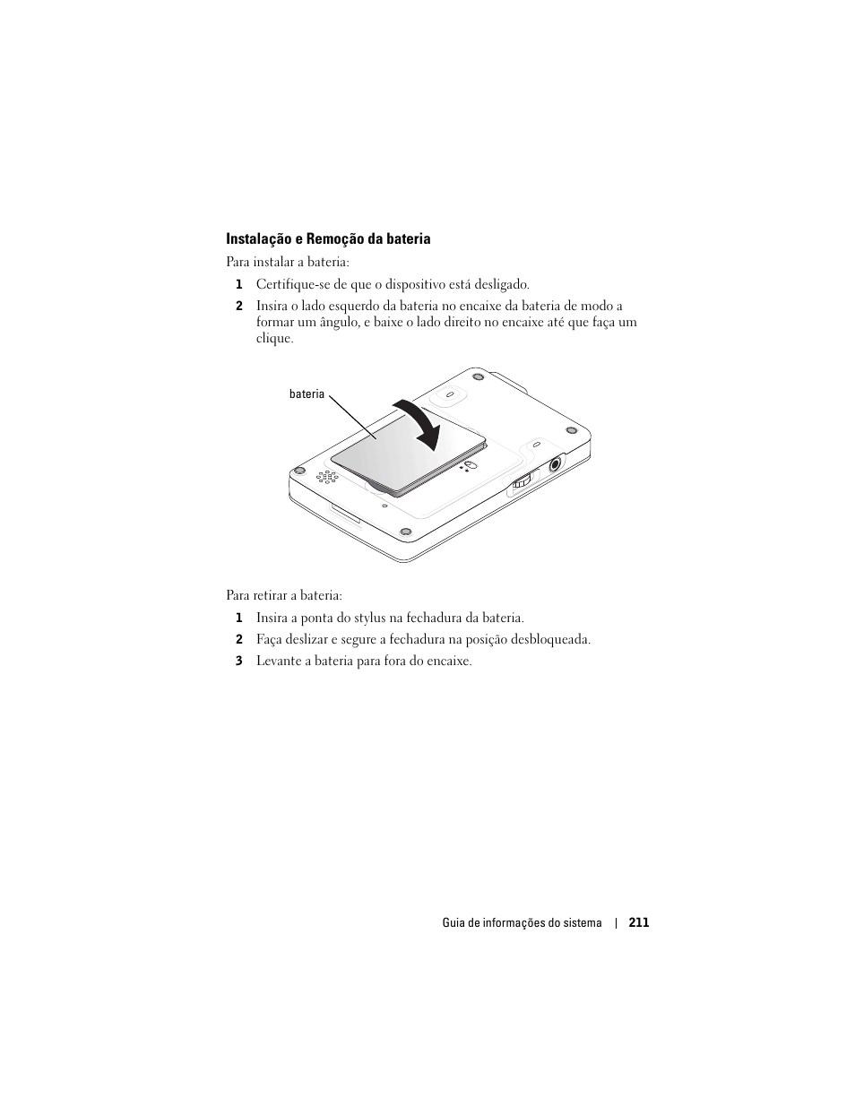 Instalação e remoção da bateria | Dell AXIM X3 User Manual | Page 213 / 366