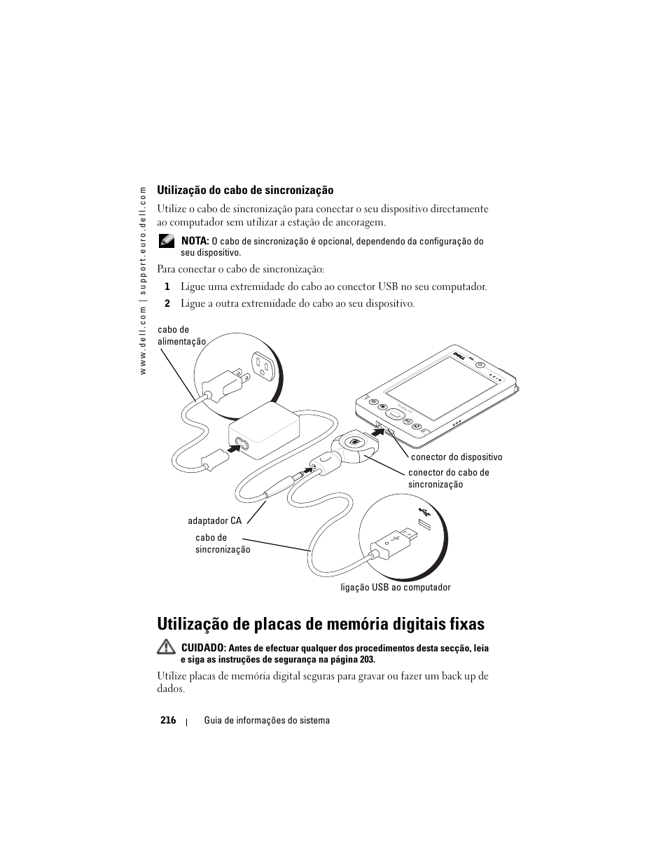 Utilização do cabo de sincronização, Utilização de placas de memória digitais fixas | Dell AXIM X3 User Manual | Page 218 / 366