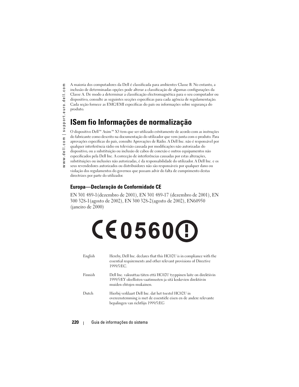 Isem fio informações de normalização, Europa—declaração de conformidade ce | Dell AXIM X3 User Manual | Page 222 / 366