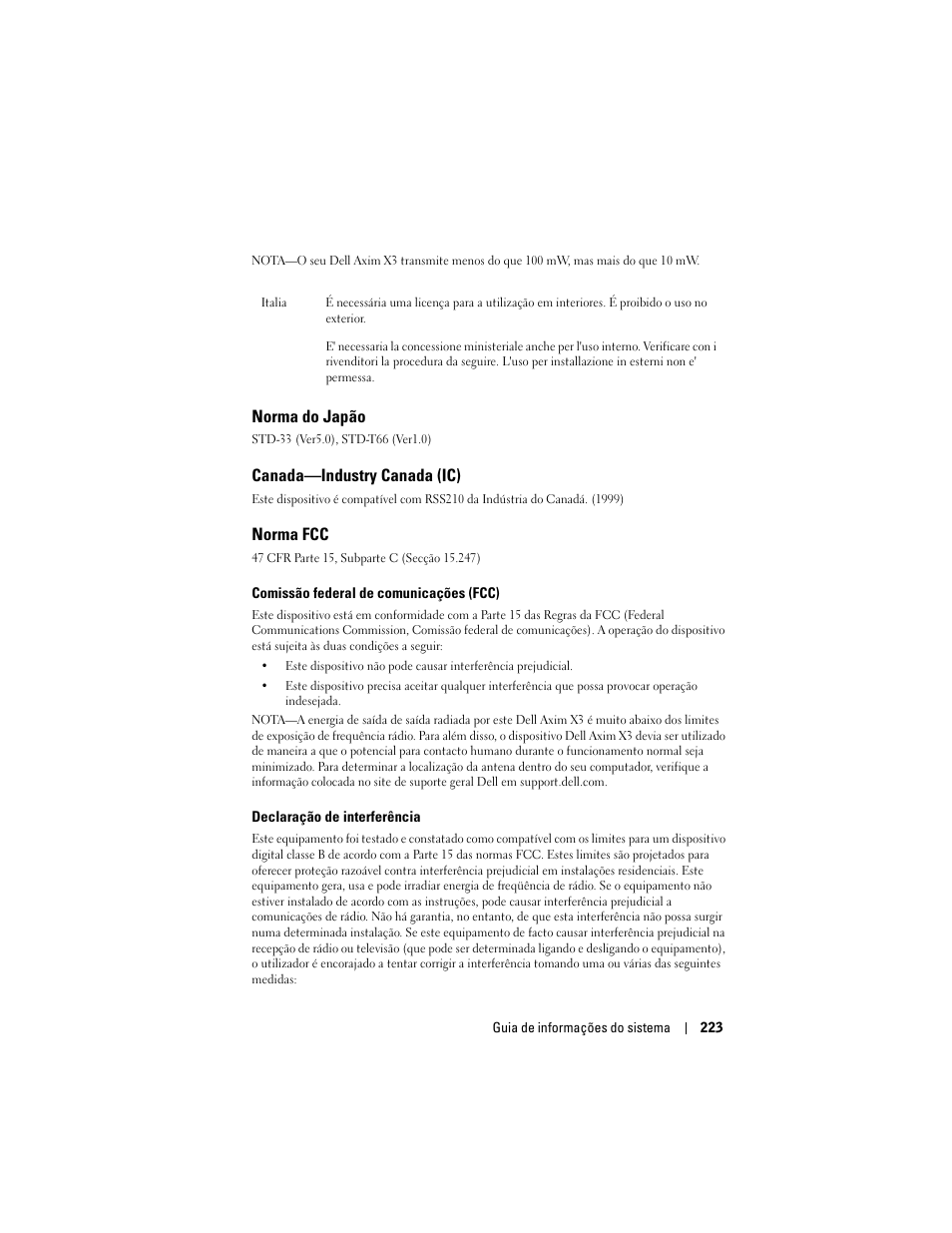 Norma do japão, Canada—industry canada (ic), Norma fcc | Dell AXIM X3 User Manual | Page 225 / 366