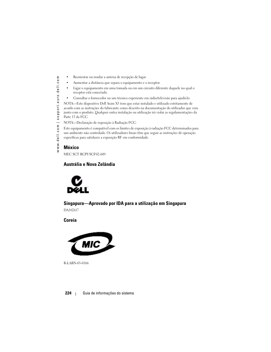 México, Austrália e nova zelândia, Coreia | Dell AXIM X3 User Manual | Page 226 / 366