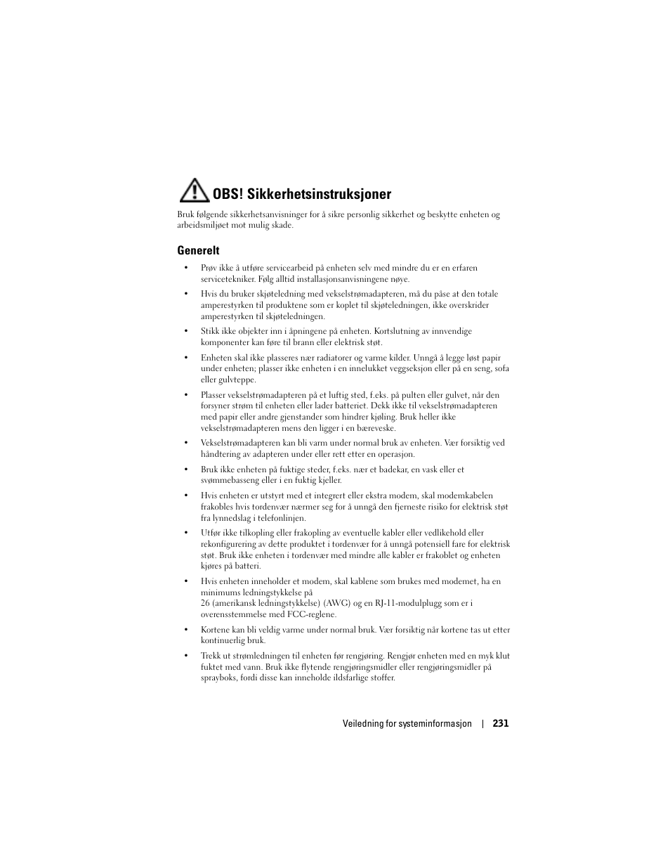 Obs! sikkerhetsinstruksjoner, Generelt | Dell AXIM X3 User Manual | Page 233 / 366