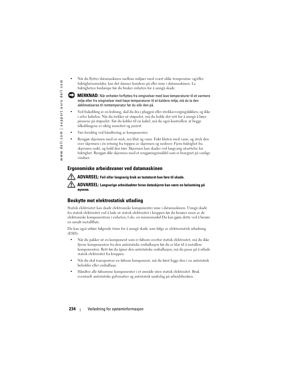Ergonomiske arbeidsvaner ved datamaskinen, Beskytte mot elektrostatisk utlading | Dell AXIM X3 User Manual | Page 236 / 366
