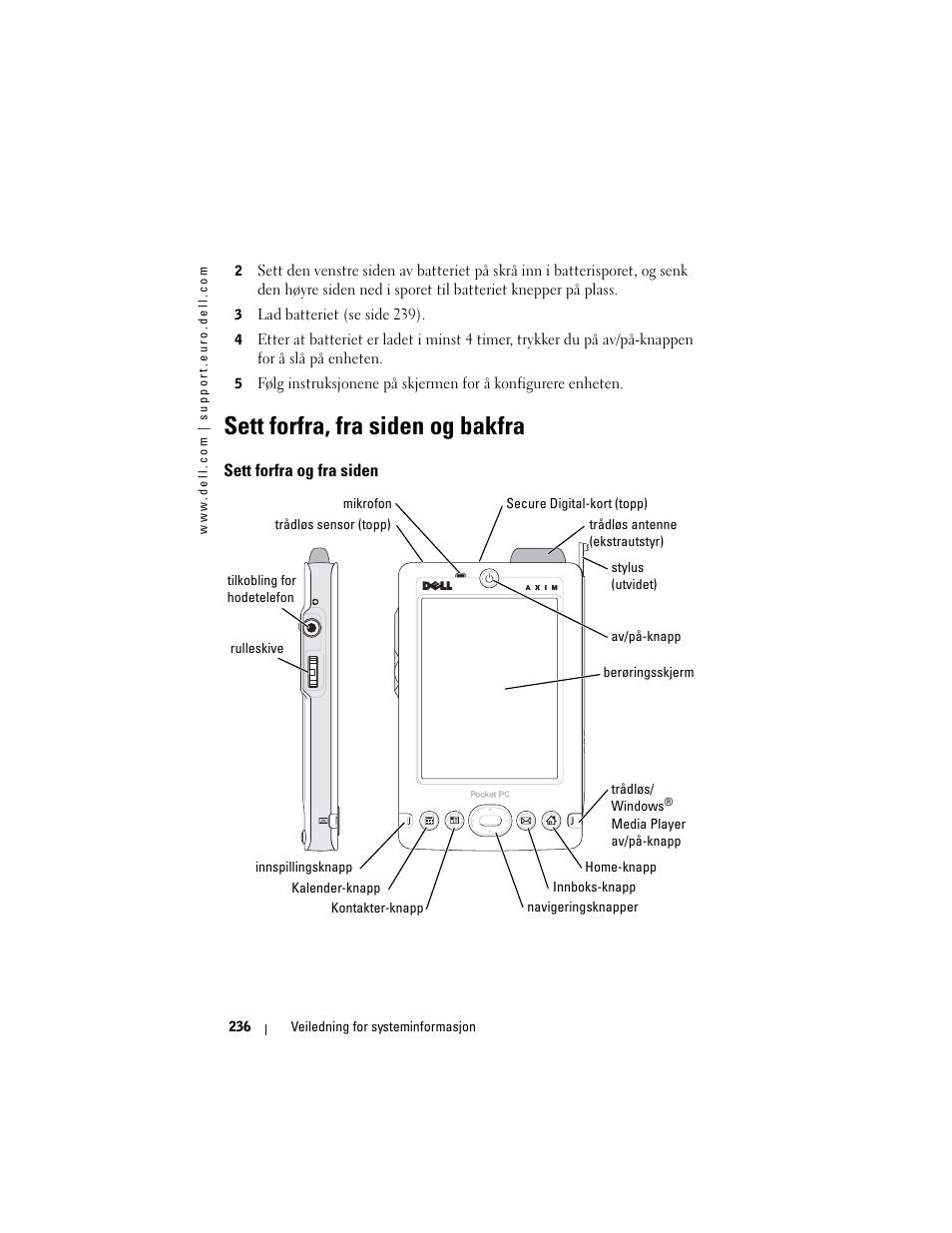 Sett forfra, fra siden og bakfra, Sett forfra og fra siden | Dell AXIM X3 User Manual | Page 238 / 366