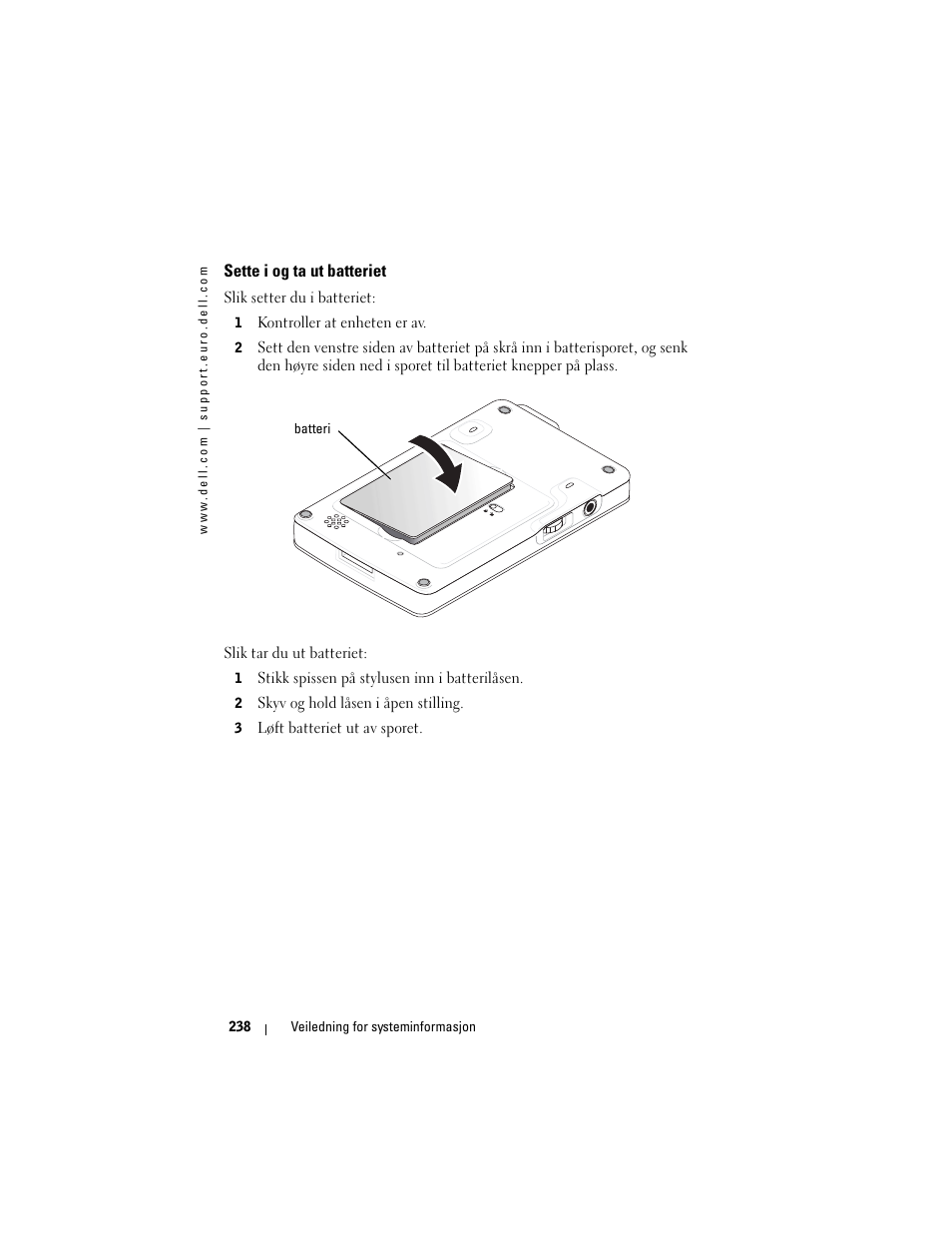 Sette i og ta ut batteriet | Dell AXIM X3 User Manual | Page 240 / 366