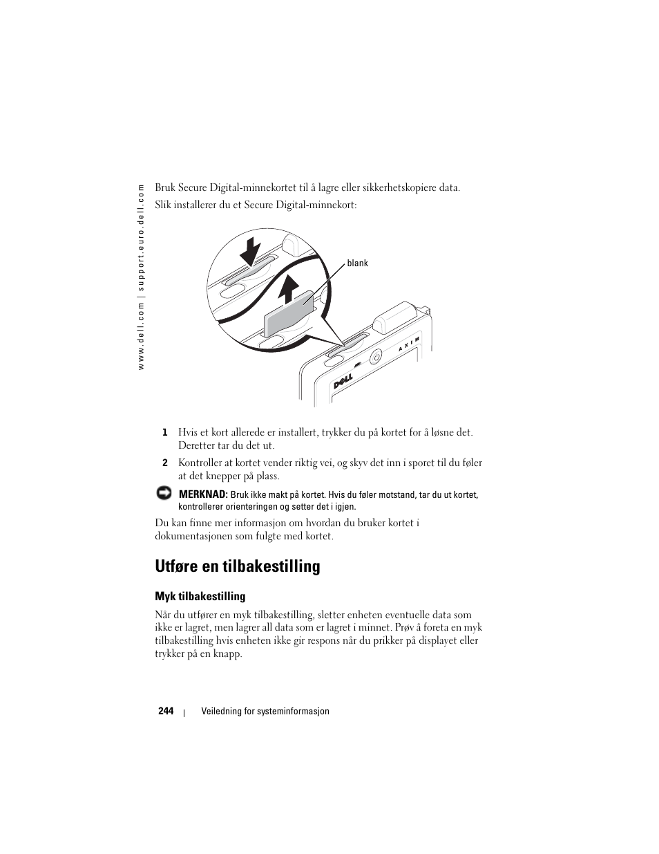 Utføre en tilbakestilling, Myk tilbakestilling | Dell AXIM X3 User Manual | Page 246 / 366