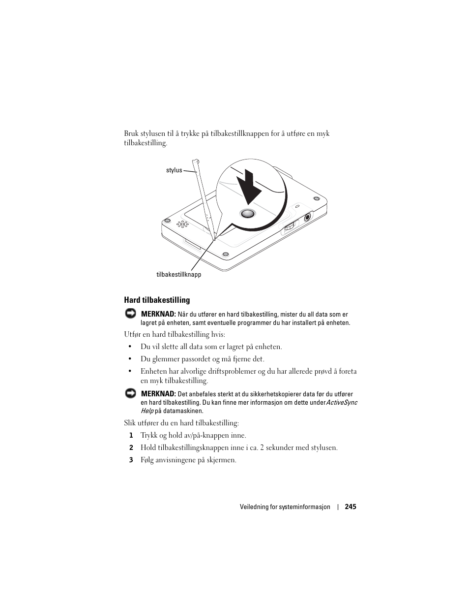 Hard tilbakestilling | Dell AXIM X3 User Manual | Page 247 / 366