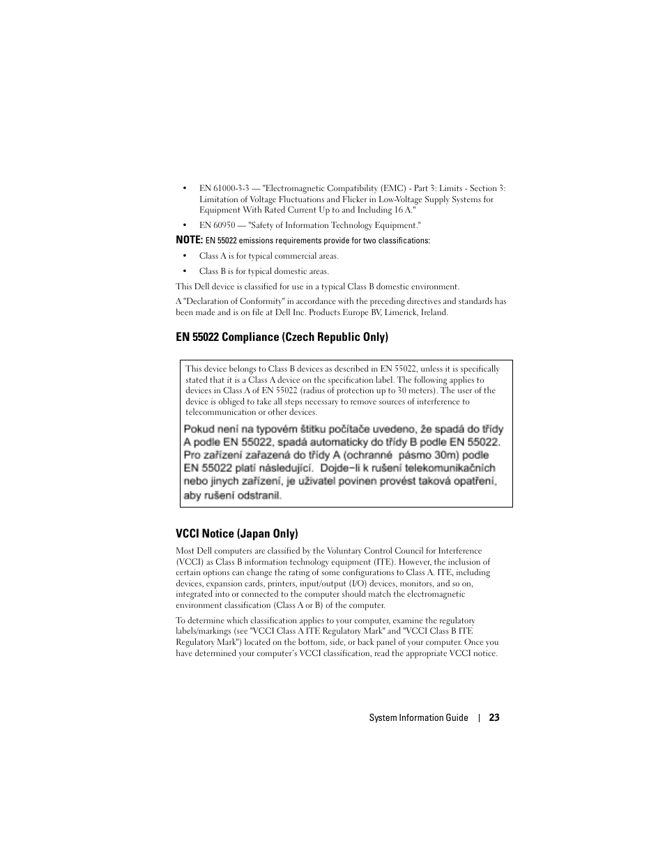 En 55022 compliance (czech republic only), Vcci notice (japan only) | Dell AXIM X3 User Manual | Page 25 / 366