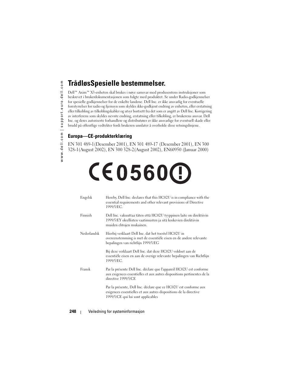 Trådløsspesielle bestemmelser, Europa—ce-produkterklæring | Dell AXIM X3 User Manual | Page 250 / 366