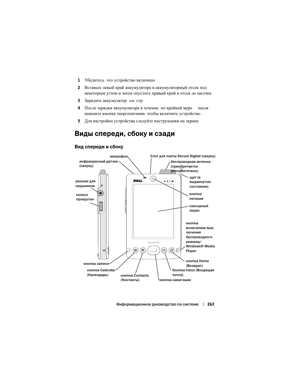 Виды спереди, сбоку и сзади, Вид спереди и сбоку | Dell AXIM X3 User Manual | Page 265 / 366