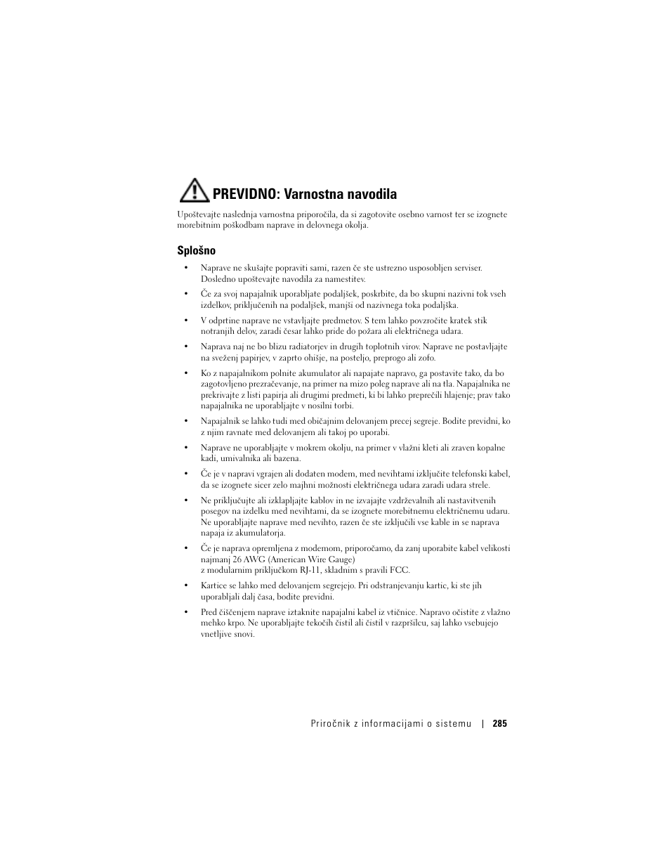 Previdno: varnostna navodila, Splošno | Dell AXIM X3 User Manual | Page 287 / 366