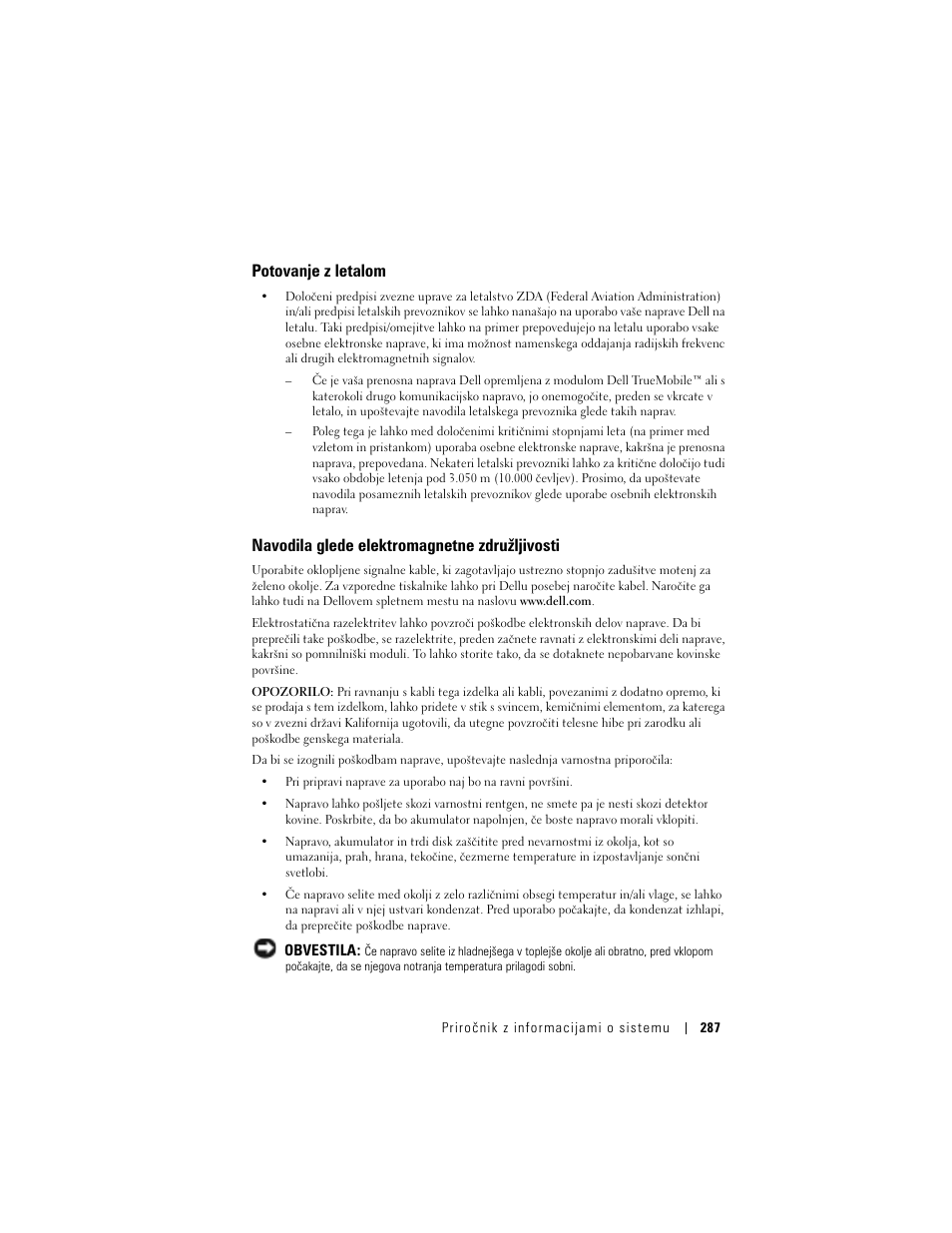 Potovanje z letalom, Navodila glede elektromagnetne združljivosti | Dell AXIM X3 User Manual | Page 289 / 366