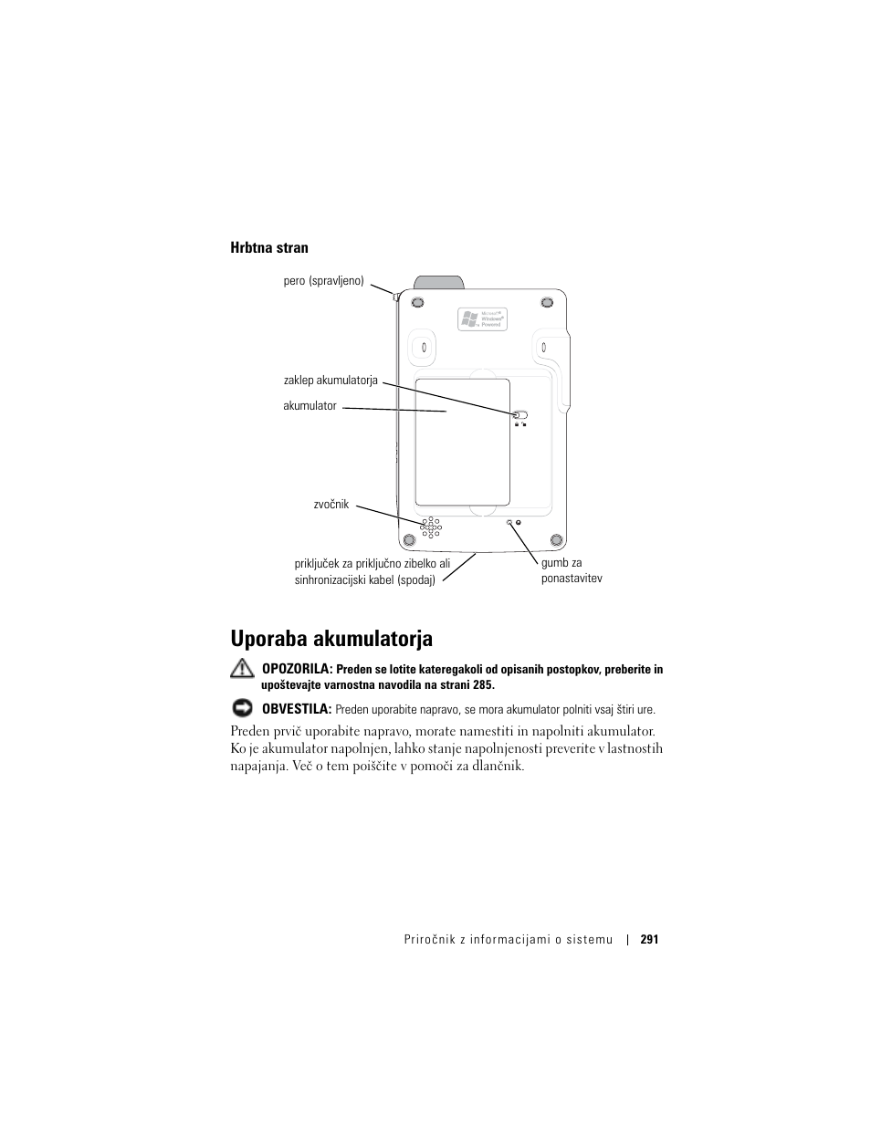 Hrbtna stran, Uporaba akumulatorja | Dell AXIM X3 User Manual | Page 293 / 366