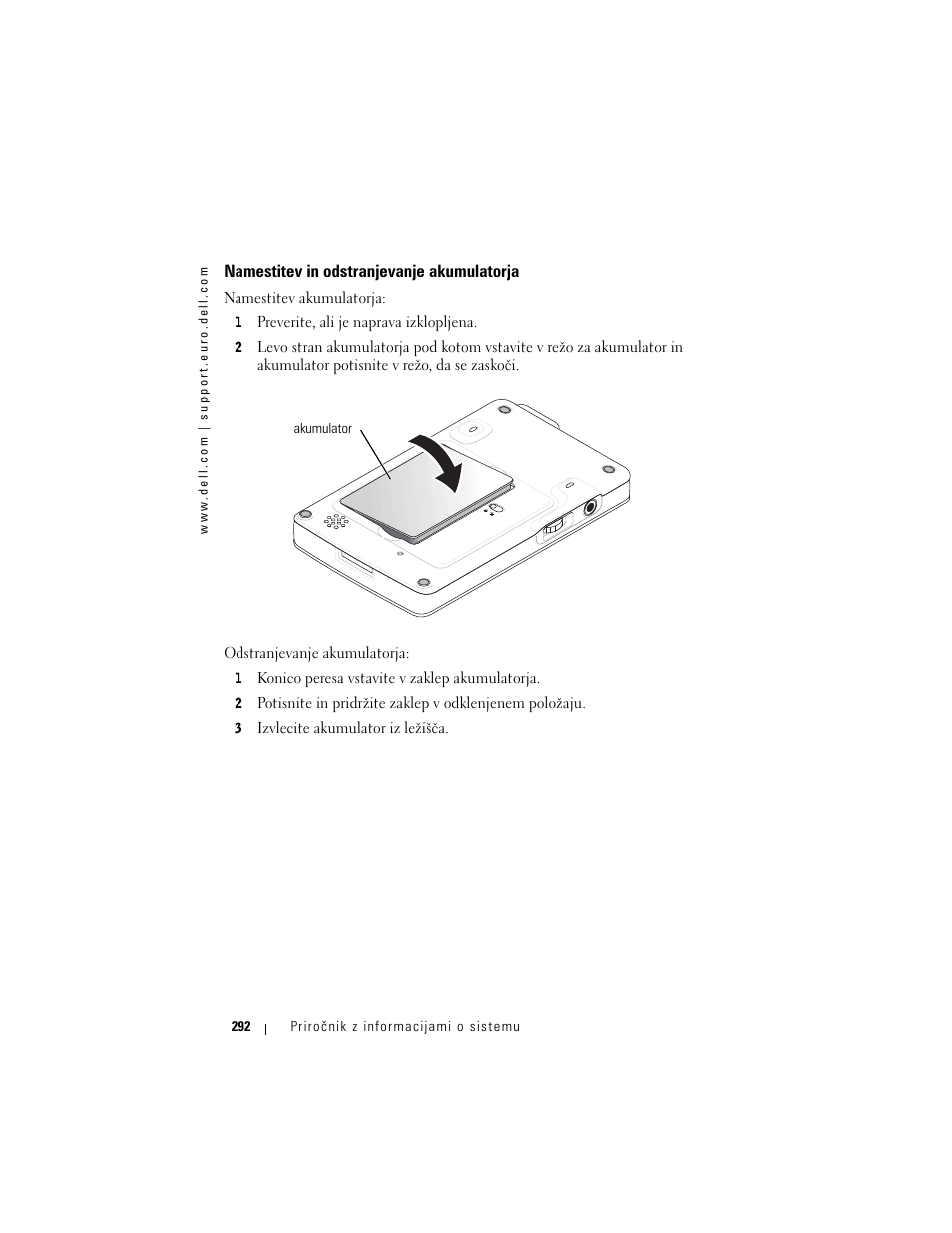 Namestitev in odstranjevanje akumulatorja | Dell AXIM X3 User Manual | Page 294 / 366