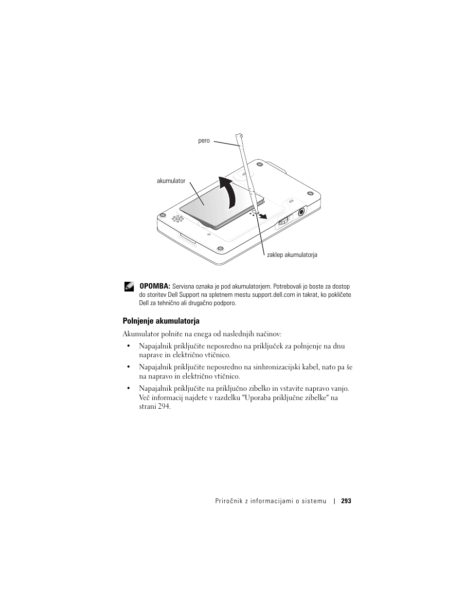 Polnjenje akumulatorja | Dell AXIM X3 User Manual | Page 295 / 366