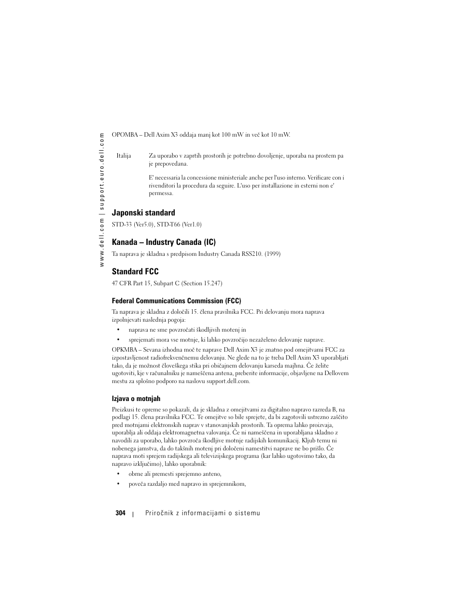 Japonski standard, Kanada – industry canada (ic), Standard fcc | Dell AXIM X3 User Manual | Page 306 / 366