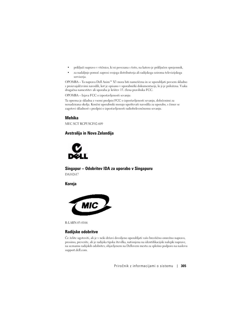 Mehika, Avstralija in nova zelandija, Singapur – odobritev ida za uporabo v singapuru | Koreja, Radijske odobritve | Dell AXIM X3 User Manual | Page 307 / 366